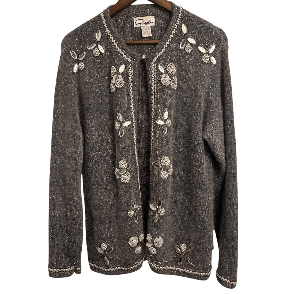 Pappagallo Open Front Cardigan Silk Angora Rabbit Hair Lambswool Bejeweled Large